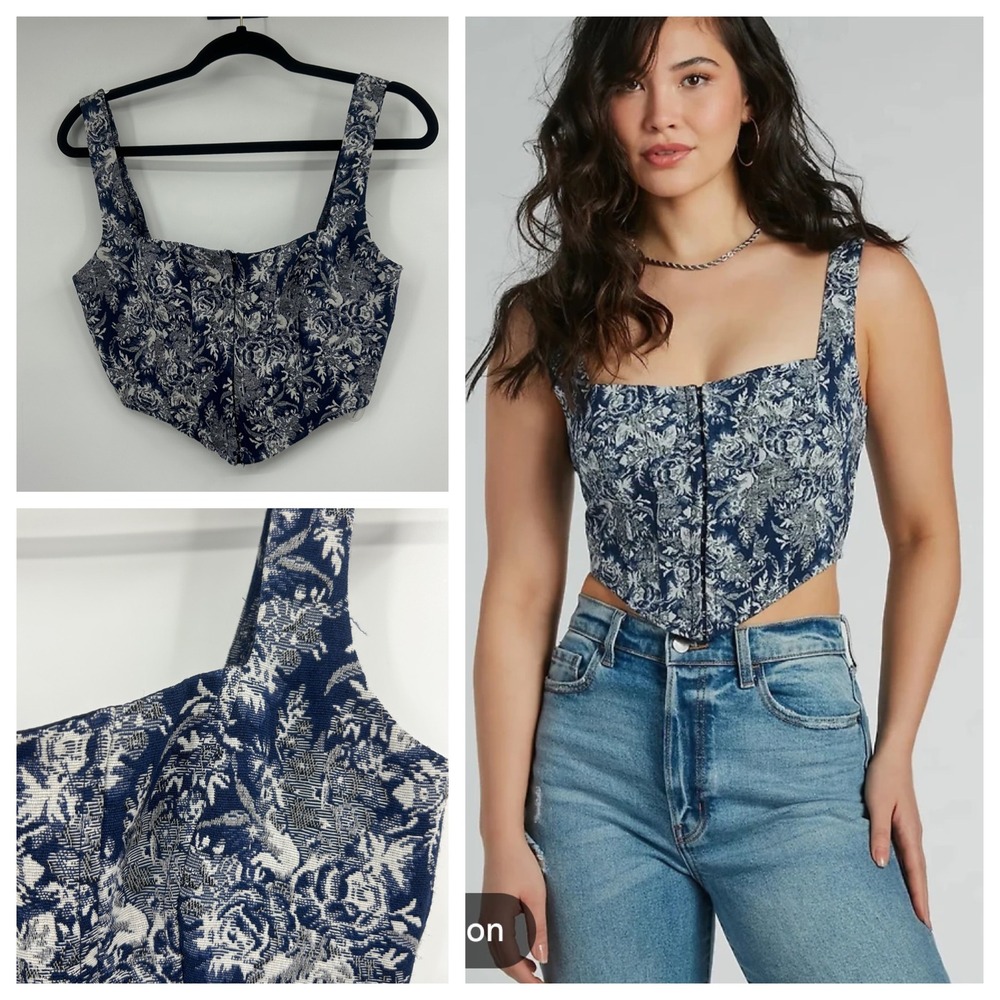 Windsor Blue Floral Jacquard Corset Top Hook Front Pointed Hem Small NWT